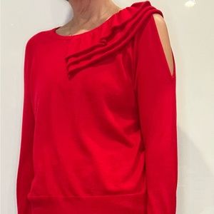Neiman Marcus Asymmetric Ruffle Knit Top Sweater - Red